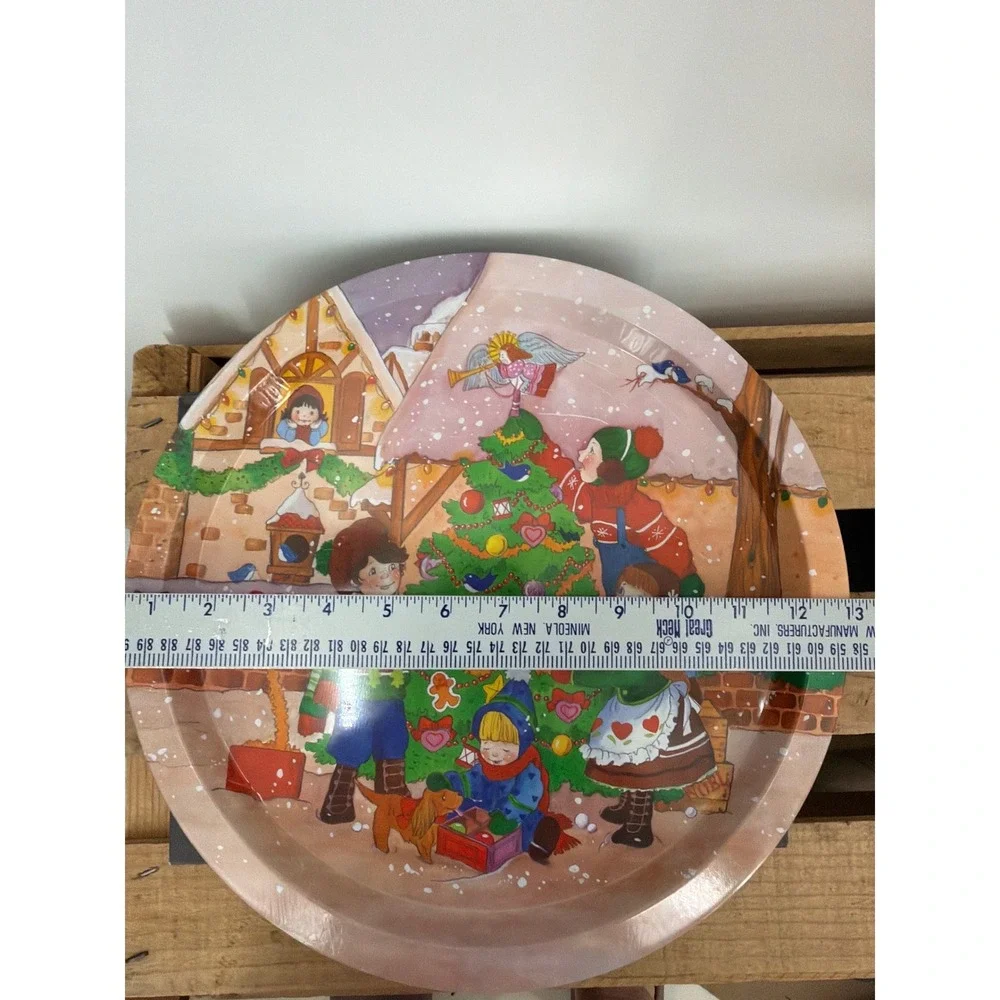 Vintage Christmas Tin Serving Tray Children Decorating Tree Winter Scene Round